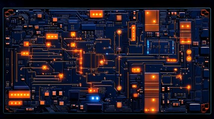 Aufkleber - Close-up of a complex circuit board with glowing orange and blue components.
