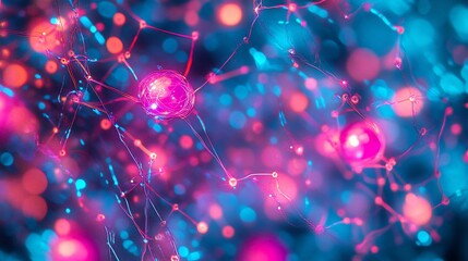 Poster - Abstract neural network; glowing nodes and connections; pink, blue, and purple hues.