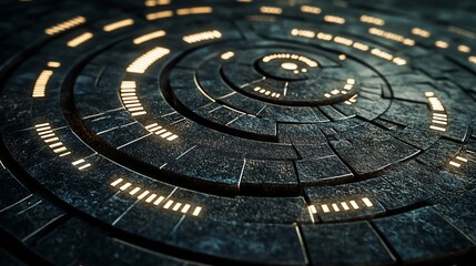 Leinwandbilder - Abstract dark metallic circular pattern with glowing lines, futuristic technology design.