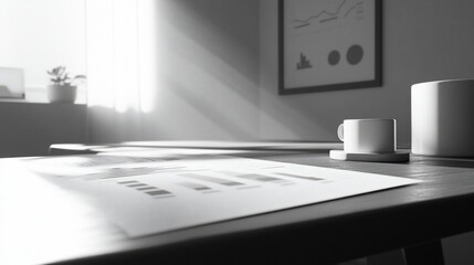Fototapete - Sunlit desk with documents, coffee cup, and plant; minimalist monochrome office scene.