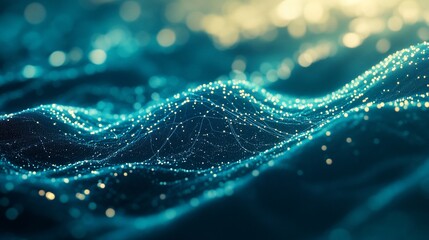 Poster - Abstract teal wavy surface with glowing particles.