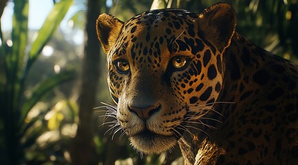 Poster - Close-up of a jaguar in a lush jungle setting, sunlight illuminating its fur.
