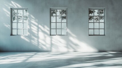 Leinwandbilder - Three windows in a minimalist room with sunlight casting shadows on the wall and floor.