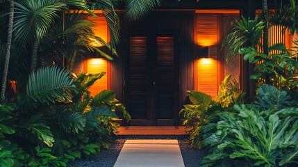 Poster - Illuminated entrance to a tropical house at night, framed by lush greenery.