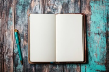 Wall Mural - blue pen sits on a wooden table next to an open book. the book is empty, with only the spine visible