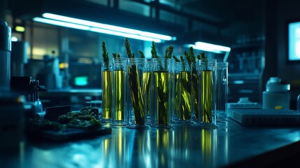 Aufkleber - Lab-grown asparagus in test tubes on a stainless steel table in a futuristic laboratory setting.