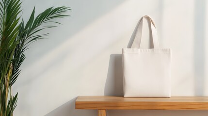 Aufkleber - White tote bag mockup resting on a wooden bench beside a white wall, featuring a palm tree in a minimalist style room, all beautifully illuminated by warm sunlight