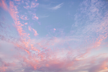 Wall Mural - A beautiful sky tinted by the sun leaving vibrant shades of gold, pink, blue and multicolored. Clouds in the twilight evening and morning sky. Cloudy sky background in the evening, and during the day.