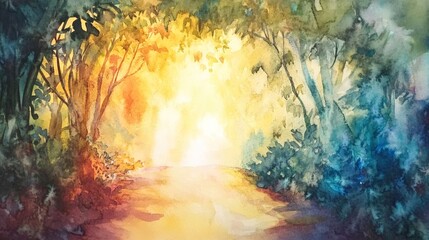 Sticker - A stunning dreamy watercolor scene depicting bright light filtering through lush trees, creating a tranquil pathway illuminated with vibrant colors.