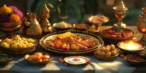 A traditional Indian feast with sweets and savory items on Makar Sankranti , Ultra Realistic , HD 8k, --ar 2:1 --v 6.1 Job ID: 33f92e8b-7a19-40e6-a14e-fc43f7cdb3fb