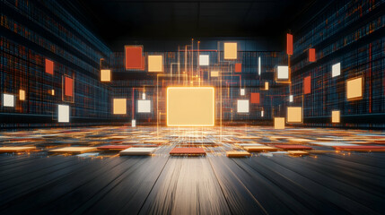 Glowing data cubes in digital space; future tech concept; website banner or tech article illustration.