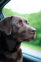 A brown dog is looking out the window of a car. The dog's eyes are bright and it is enjoying the view