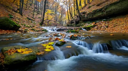 Wall Mural - Tranquil Forest Stream Autumn Leaves Dance on Water and Rocks, Creating Serene Landscape of Natures Beauty and Peaceful Reflection.