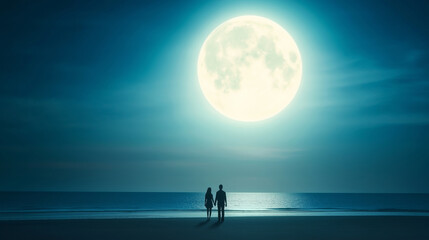 Wall Mural - Romantic silhouetted couple holding hands, moonlight casting dreamy glow across sandy shoreline, evoking intimate nighttime moment