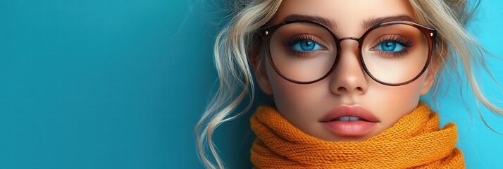 Wall Mural - Stylish young woman with glasses and cozy scarf against a vibrant blue background