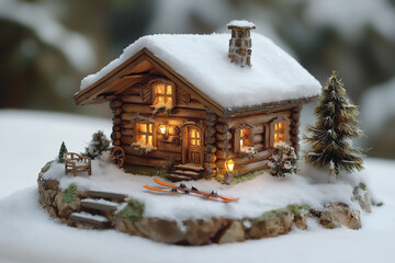 Wall Mural -  3d miniature chalet with snow-covered roof