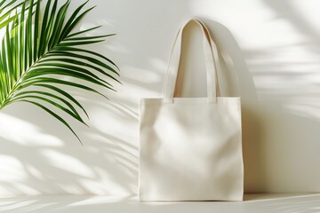 Wall Mural - Blank canvas tote bag mockup on a neutral background for design purposes