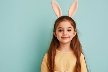 Wall Mural - A young girl wearing bunny ears and a yellow sweater. She is smiling and looking at the camera