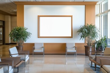 Wall Mural - Blank white rectangular frame mounted on office lobby wall provides vast empty space for mockup designs and artistic creations. 