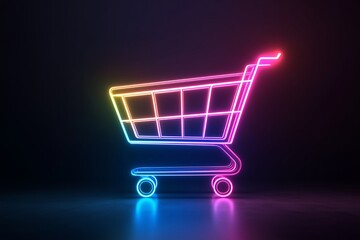 Wall Mural - Glowing neon shopping cart on dark background, symbolizing online shoppxing, ecommerce, and modern retail. Bright, futuristic design.