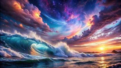 Wall Mural - panoramic celestial ocean: galactic and oceanic waves converge in a breathtaking cosmic seascape