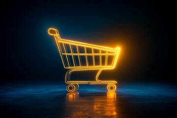 Wall Mural - Glowing neon shopping cart on dark background, symbolizing online shoppxing, ecommerce, and modern retail. Bright, futuristic design.