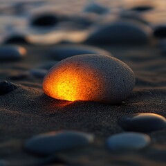 Wall Mural - A glowing stone on a sandy beach at sunset, surrounded by smooth pebbles and gentle ocean waves.