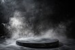 © Kristina - Podium black dark smoke background product platform abstract stage texture fog spotlight. Dark black floor podium dramatic empty night room table concrete wall scene place display studio smoky dust