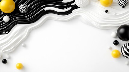 Wall Mural - Abstract black, white, and yellow 3D spheres and waves on white background.