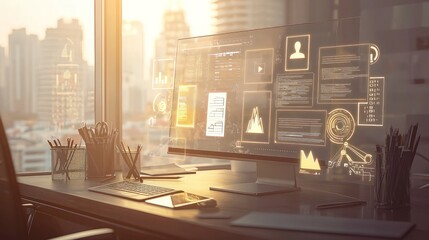 City view office, programmer coding, sunset glow, data analysis.