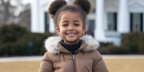 Sticker - A young girl wearing a brown coat and a black hat is smiling. She is standing in front of a house