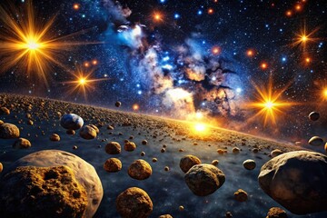 Wall Mural - Panoramic Space Scene: Glowing Stars and Asteroids