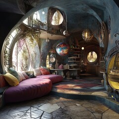 Wall Mural - A room with a couch and a table with a large ball on it. The room is decorated with many different colored pillows