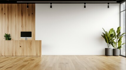 Fototapete - Modern office interior with wooden reception desk, computer, potted plants, and large blank white wall, providing ample space for design and customization