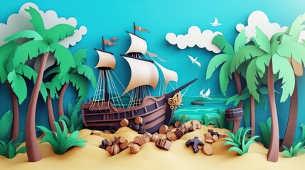 Wall Mural - Pirate Treasure: Pirates digging for treasure on a tropical island with palm trees and a pirate ship. paper cut Art Style 3d background 