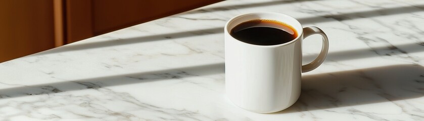 A steaming cup of black coffee sits on a marble table, illuminated by soft sunlight casting shadows in the background.