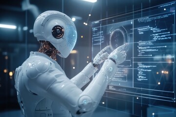 An AI application developer crafting a user-friendly interface for AI solutions, with design tools and code visible