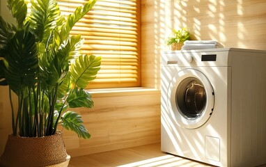 A bright laundry room featuring a white washing machine beside lush green plants, illuminated by natural sunlight streaming through wooden blinds.