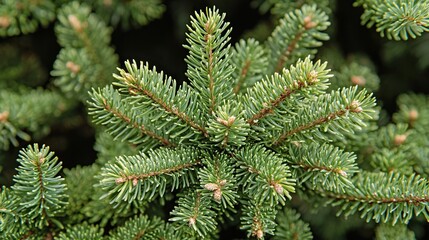 Fir tree branch close-up, forest background, holiday decor.