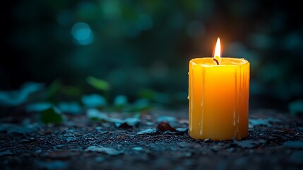 Canvas Print - A single lit yellow candle sits on dark ground with blurred foliage background.