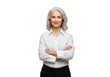 © Pixelpulse Creative  - A confident woman with silver hair wearing a white shirt and black pants arms crossed, smiling softly isolated on transparent background