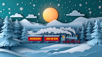 Wall Mural - Polar Express: A festive train traveling through a snowy landscape. paper cut Art Style 3d background 