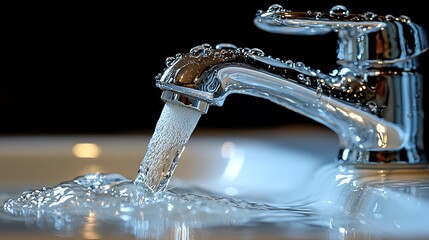 Close-up of water flowing from a chrome faucet into a sink.