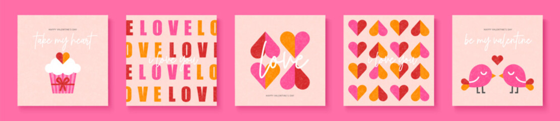 Wall Mural - Set of greeting cards for Valentines Day. Simple flat style with geometric elements. Collection of vector cards with hearts, birds, cupcake and romantic inscriptions.