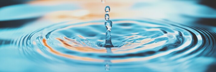 Poster - Close up macro view of a water drop splashing into a pool of water, creating expanding concentric ripples and a small column of droplets rising from the impact point