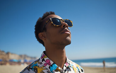 Wall Mural - Vibrant outdoor portrait of a man wearing sunglasses, standing confidently on a sunny beach with bright light and a clear sky, capturing a relaxed summer vibe.

