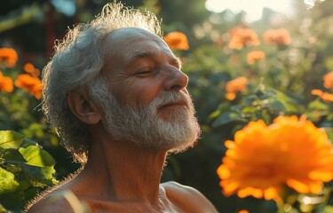 Wall Mural - A serene portrait of an elderly man with closed eyes, surrounded by vibrant flowers in full bloom during the golden hour.