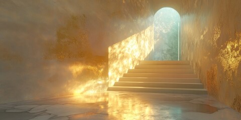 Sticker - Step into a fantastical surreal environment where light gracefully filters through an ethereal entrance, illuminating serene stairs and creating a magical atmosphere.