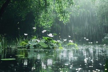 Poster - White lotus flowers bloom in rain a tranquil forest pond scene