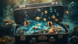 © Faizan - A suitcase bursting open with a flowing ocean inside filled with tropical fish and sparkling bubbles